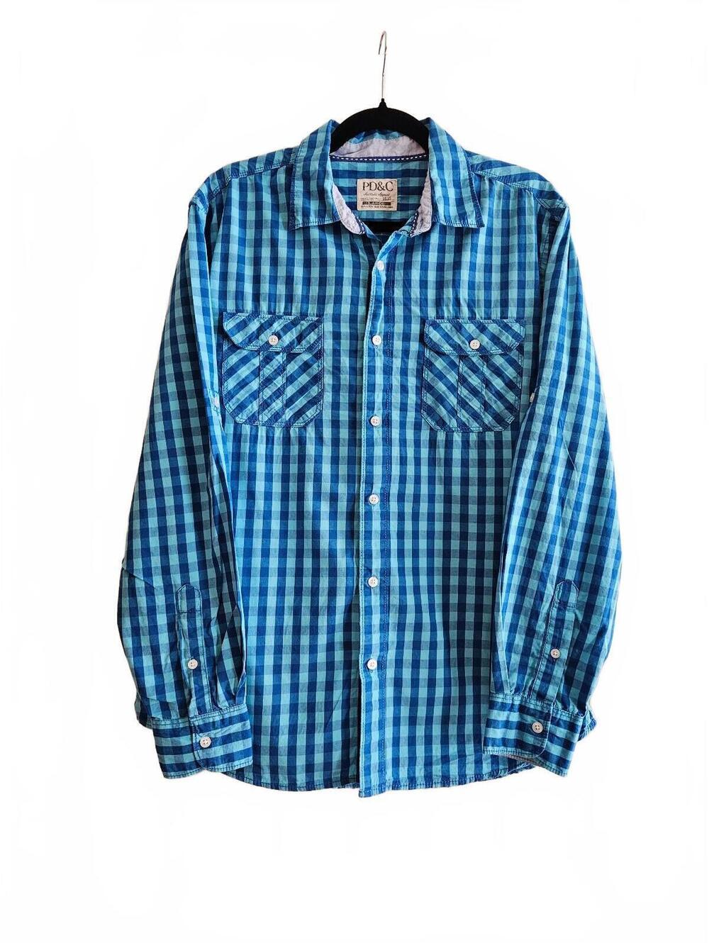 PD&C Men's Checkered/Gingham XL Electric Blue Button-Up-Outdoorsy Y2K Grunge